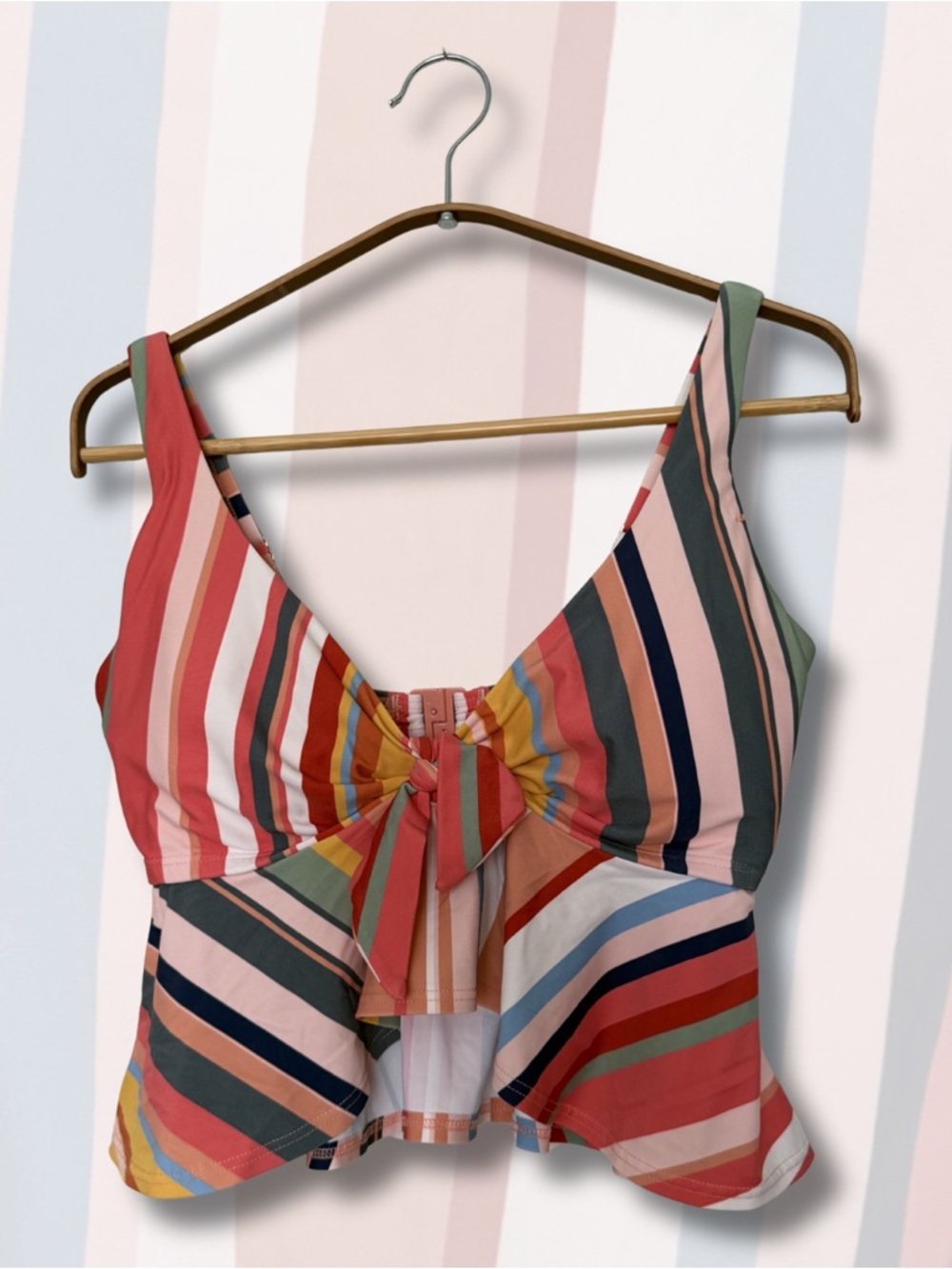 Striped Tie-Front Bikini Top in Coral Multi